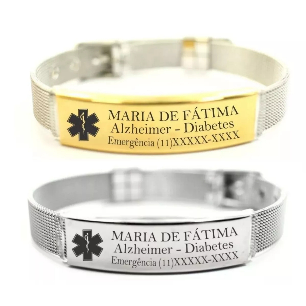 Pulseira Identificação Personalizada Alzheimer Idosos Profissão Diabetes