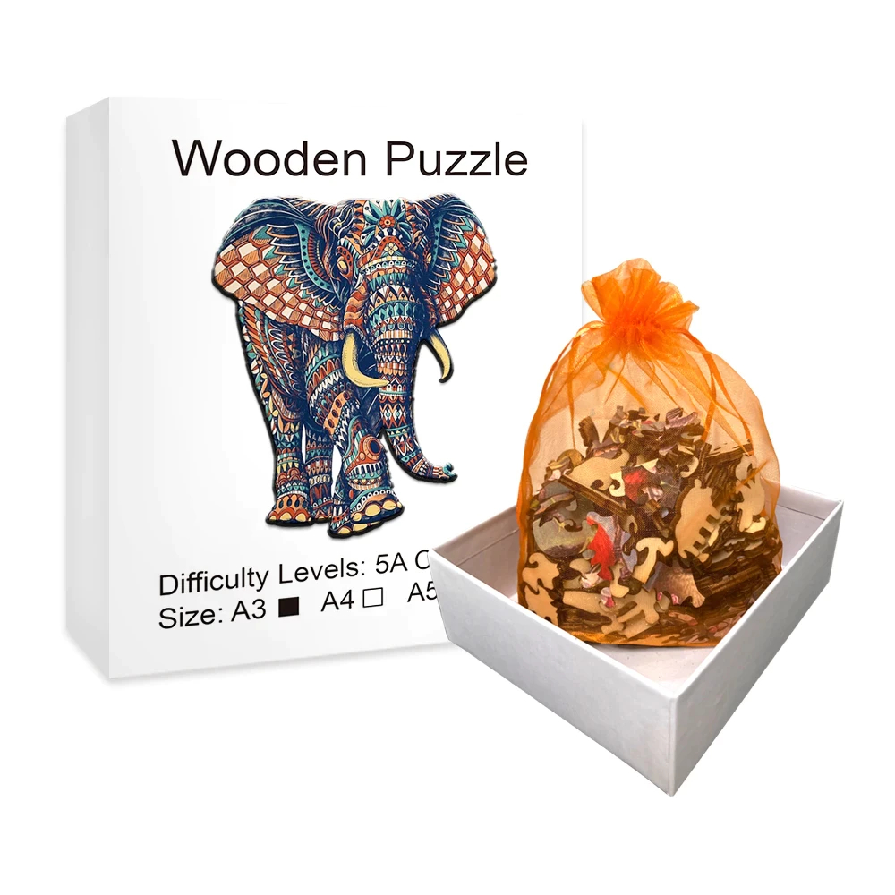 Quebra Cabeça 3d Elefante MDF Madeira brinquedo de madeira Corte Laser. Tamanho A4. (M164-A4)