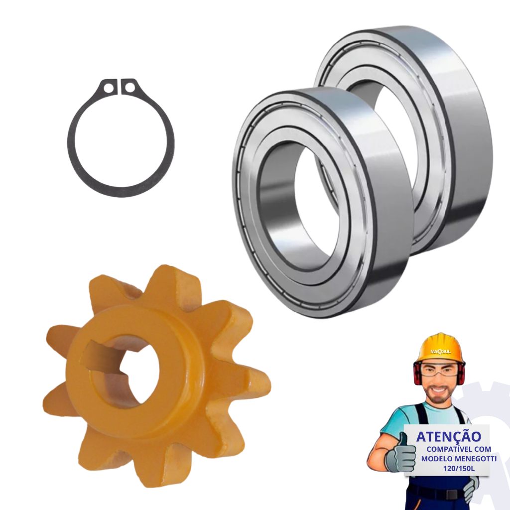 KIT BETONEIRA - PINHÃO COM 9 DENTES +  ÁNEL + 2 ROLAMENTOS 6003 - PARA BETONEIRA MENEGOTTI 120L