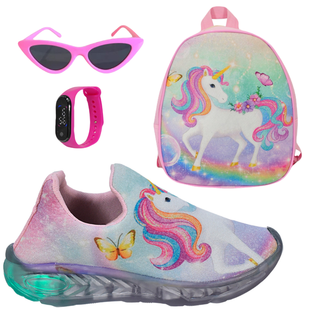 Tênis Infantil Led Feminino Unicórnio Calce Fácil Confortável + Óculos Relógio Mochila Unicórnio