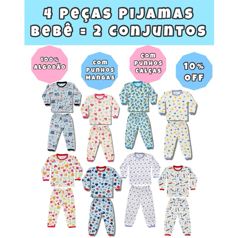 Kit 4 Peças Bebê Enxoval Estampado 2 Conjuntos Pijamas 100% Algodão Menino ou Menina Manga Longa em Oferta na Shopee