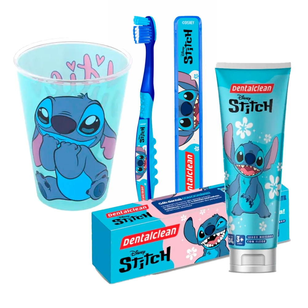 Kit Stitch Creme Gel Dental Pasta de Dente Sabor Morango + Escova + Copo Sortido - Higiene Bucal