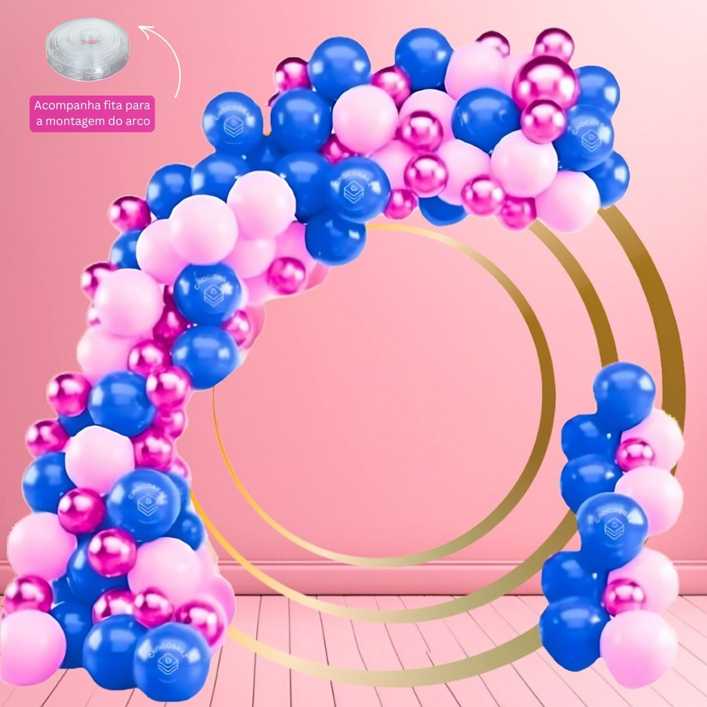Kit 125 Balões ROSA 7”+ AZUL  7”+ PINK Metalizado 5”+ FITA  Balão Bexiga KIT06+F - Home & Living