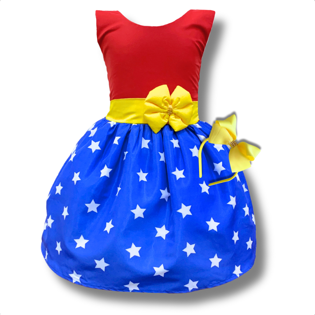 Vestido Infantil Temático Mulher Maravilha com Armação de Tule e Laço Ajustável