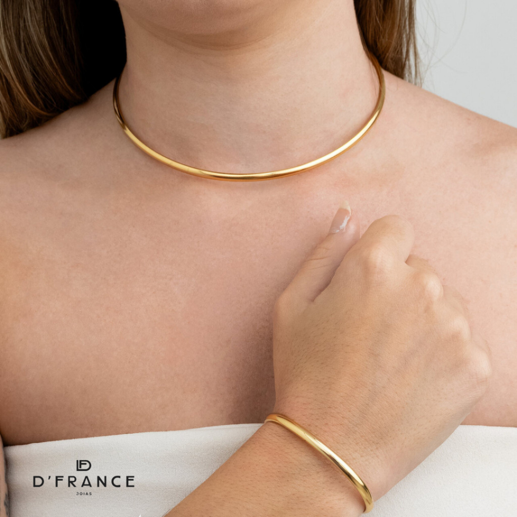 Conjunto Choker Aro e Bracelete Liso Ajustável Banhado a Ouro 18K - D France Semijóias