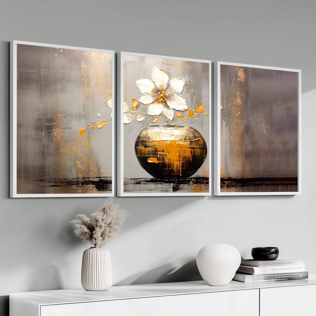 Kit 3 Quadros Luxuoso Grande Sala Vaso Abstrato Moldura 50X70 cm Quarto Hall