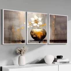 Kit 3 Quadros Luxuoso Grande Sala Vaso Abstrato Moldura 50X70 cm Quarto Hall