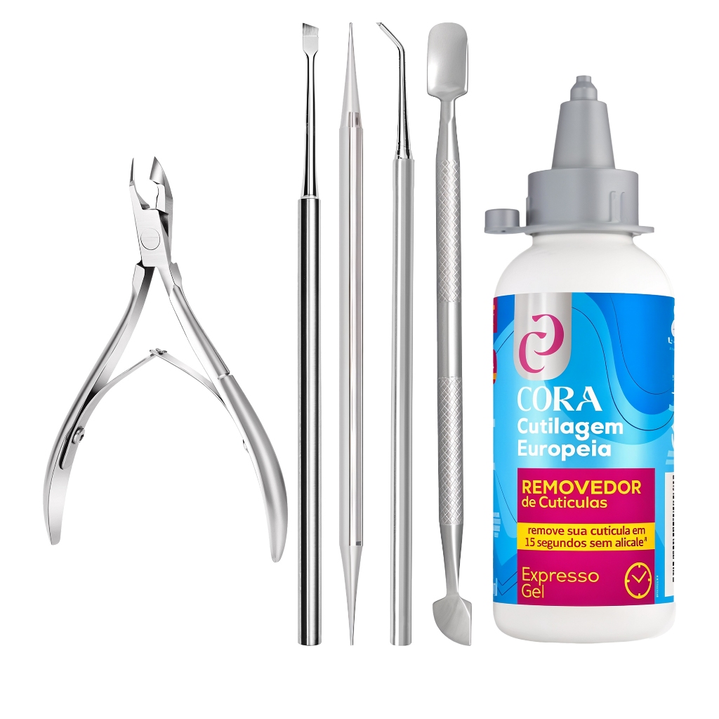 Kit 1 Removedor De Cutícula Cora + 1 Alicate De Cutícula Profissional + 4 Instrumentos Bella Inox
