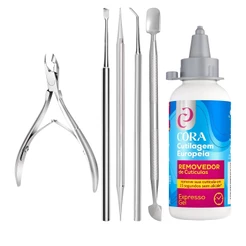 Kit 1 Removedor De Cutícula Cora + 1 Alicate De Cutícula Profissional + 4 Instrumentos Bella Inox