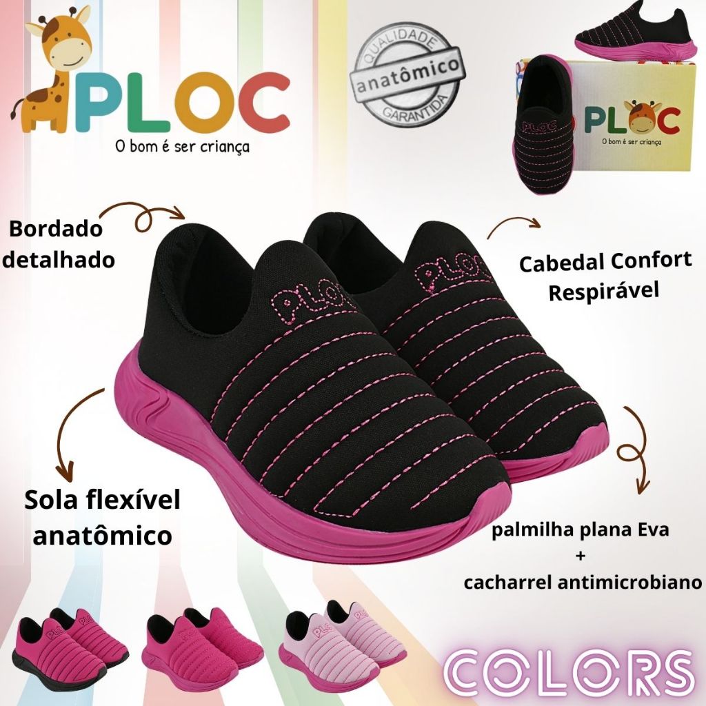 Tênis Ploc Colors Infantil Menina Calce Fácil Jogging Anatômico Preto em Oferta na Shopee