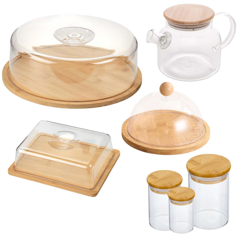 Kit 7 Itens Mesa Posta Bambu Cozinha Jarra Queijeira Manteigueira Boleira Porta Frios Café da Manhã