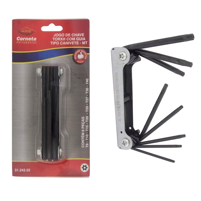 Jogo Chave Torx T9 a T40 Com 9 Peças Com Guia Tipo Canivete Corneta Profissional
