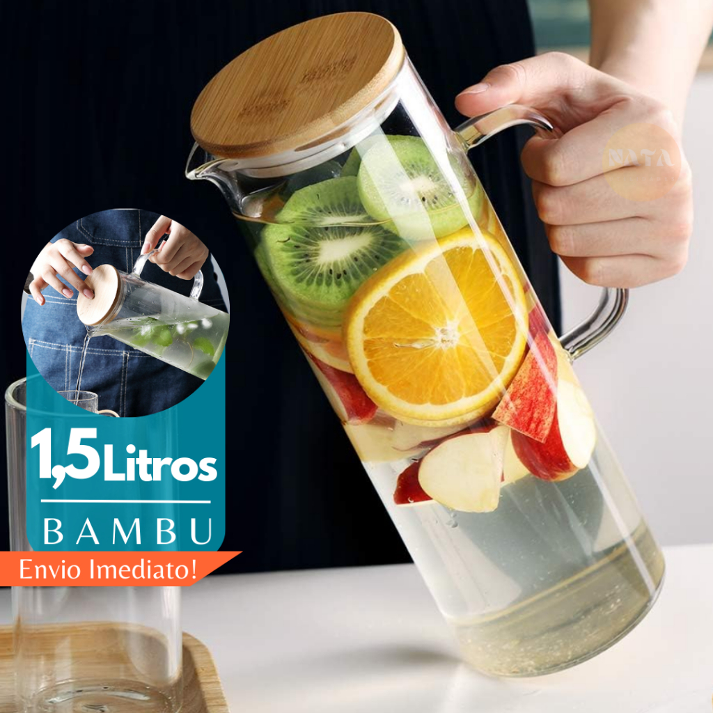 Jarra de Vidro 1,5L Borossilicato Tampa Bambu Transparente Linha Mesa Posta Jarra de Suco ...
