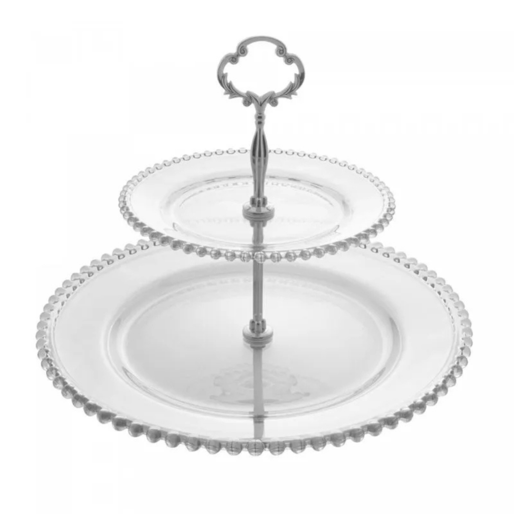 Porta Doces Baleiro Pratos Duplos 2 Andares Cristal Wolff Pearl Bolinhas