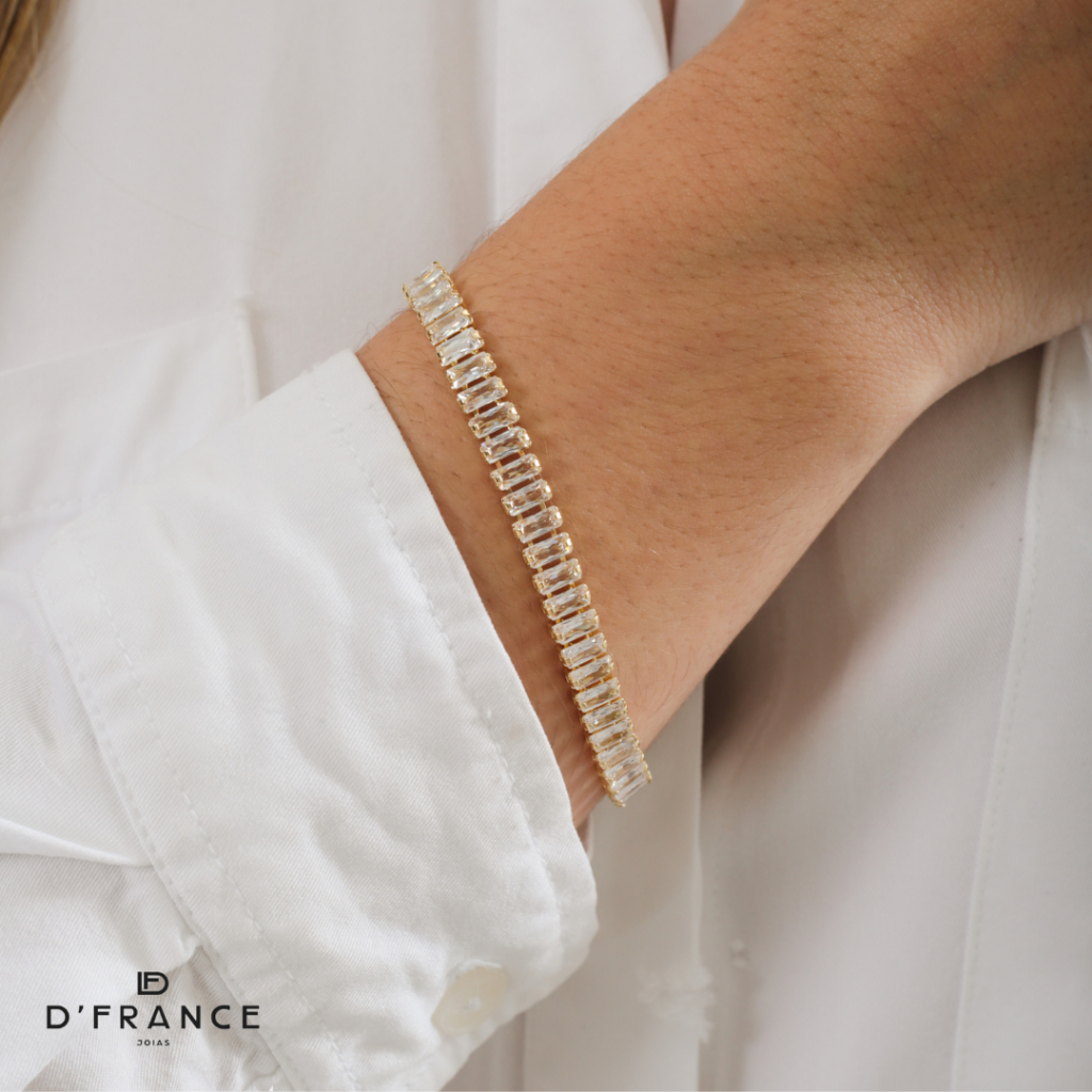 Pulseira Riviera Baguete Cristal, Semijoia, Banhado a Ouro 18K