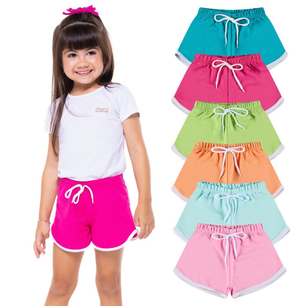 Kit 2, 3 ou 5 Shorts Infantil Menina Bermuda Moletinho 100% Algodão Com Friso Constratante em Oferta na Shopee