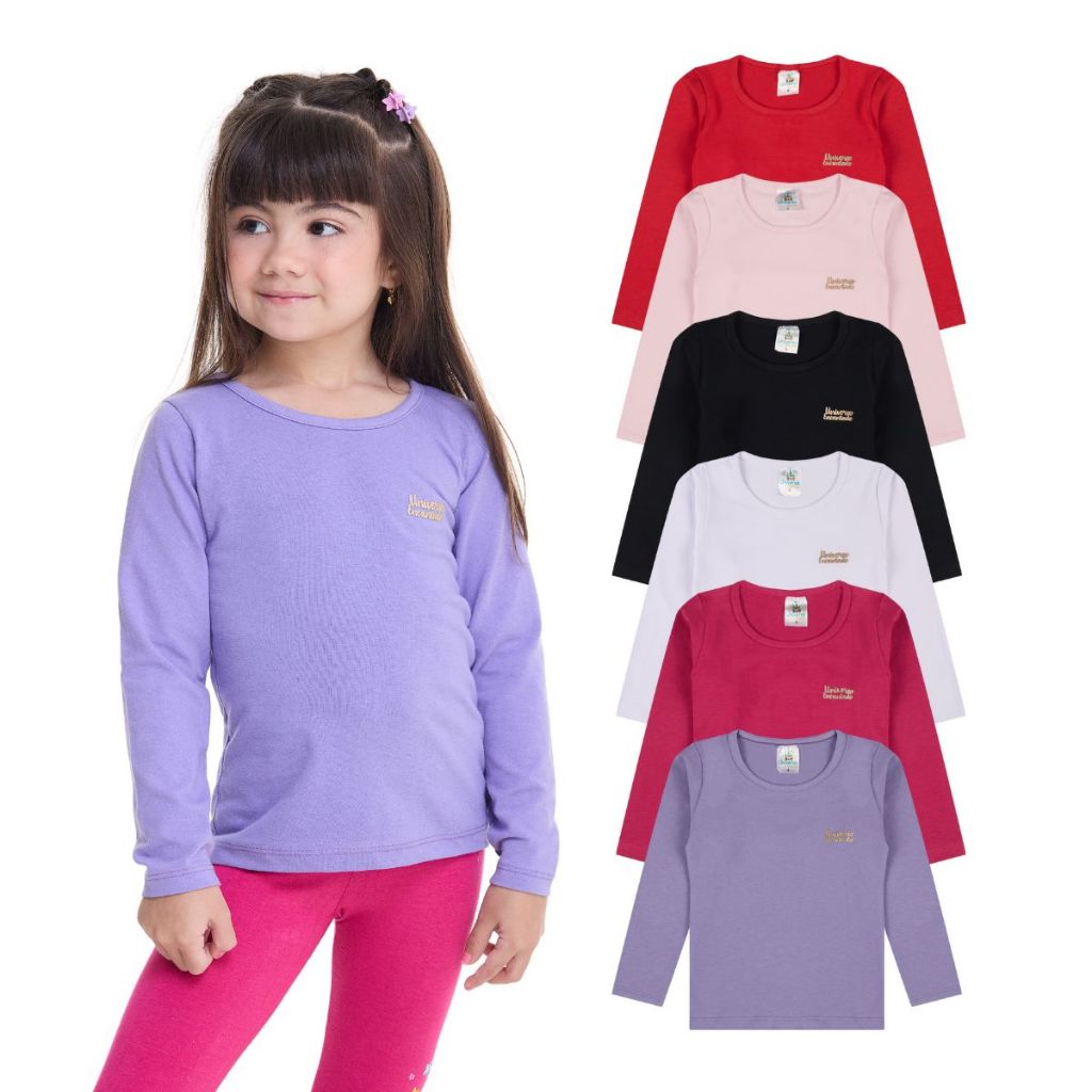 Kit 1, 3 ou 5 Blusas Manga Longa Infantil Menina Algodão Lisa Feminino de Inverno Quentinho em Oferta na Shopee