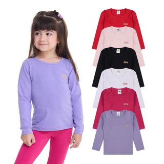 Kit 3 ou 5 Blusas Manga Longa Infantil Menina Algodão Lisa Feminino de Inverno Quentinho