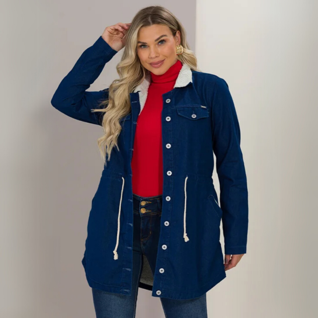 Jaqueta Jeans Forrada Pelinhos Parka Peluciada Inverno Bolso Funcional Gola Sobretudo Com Elastano