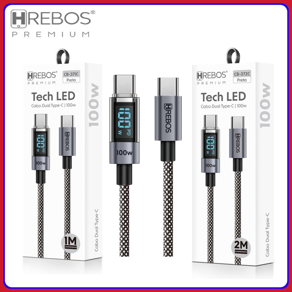 Cabo Tipo C 100W Turbo PD Carregamento Rápido com Visor de Potência com Mostrador LED USB C Original HREBOS CB-371c