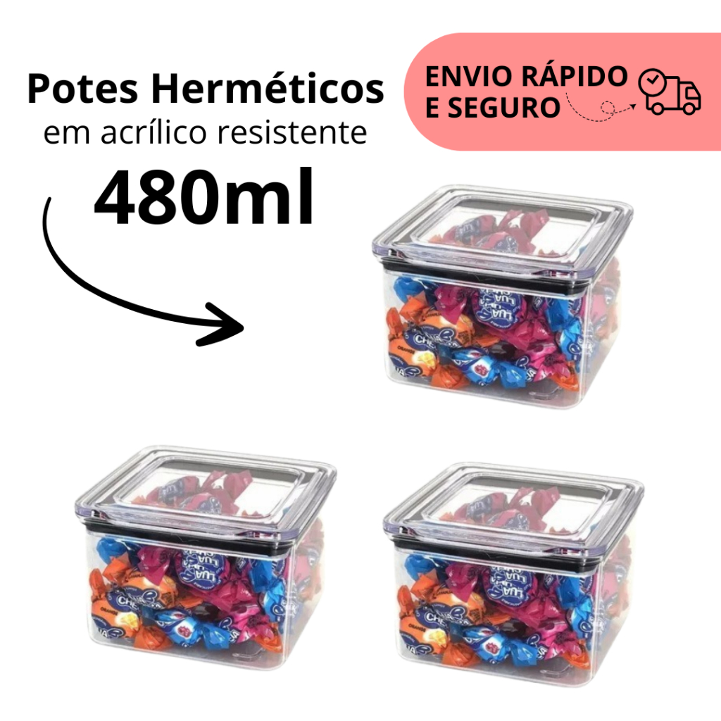 KIT POTE HERMÉTICO 480ML EM ACRÍLICO RESISTENTE EMPILHÁVEL COM BORRACHA DE VEDAÇÃO PRETA