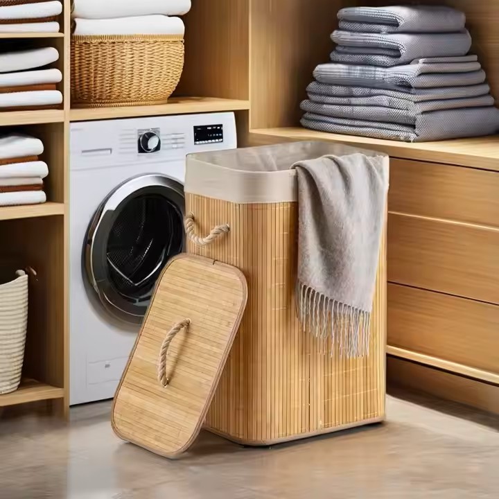 Cesto Roupa Bambu Retangular Com Tampa Alças Banheiro Bege
