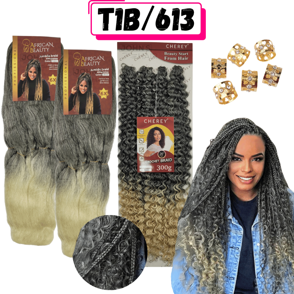 Kit Gypsy 2 Cabelo Super Jumbo Jumbão Box Braids + 1 Cabelo Cacheado Organico Percific Curl + anéis