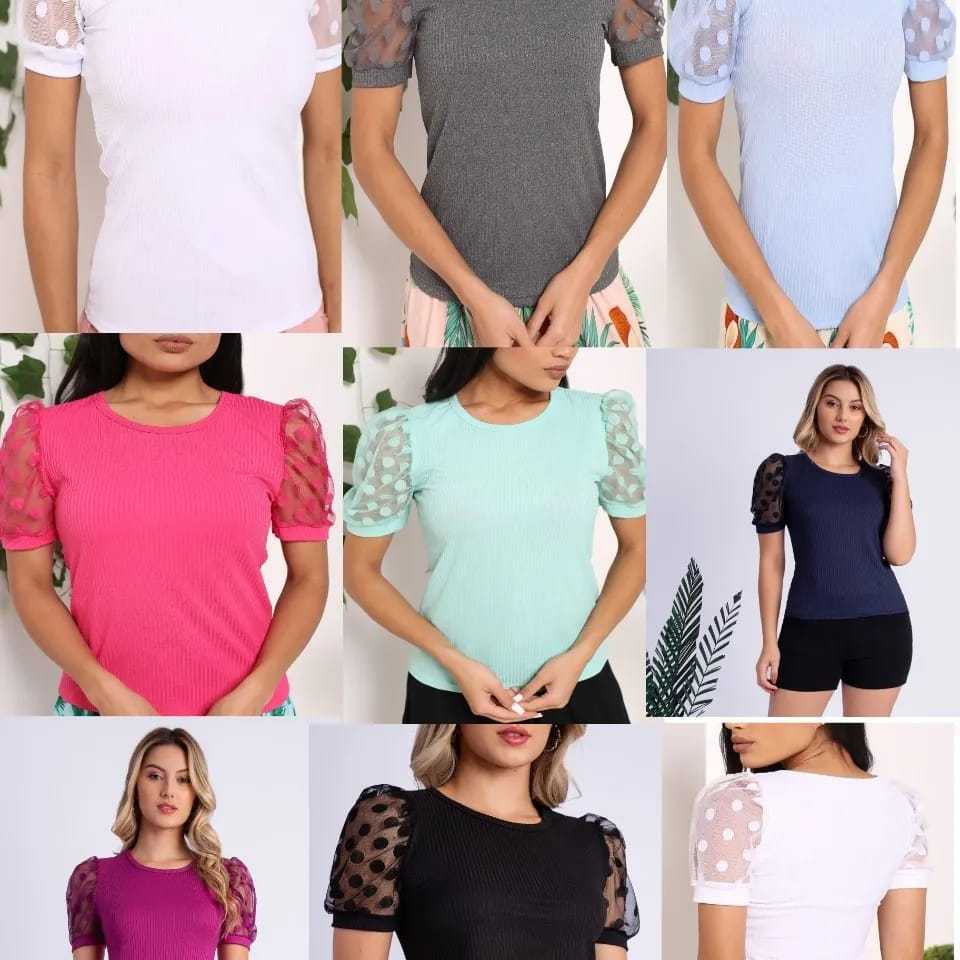 Blusa feminina canelado - Manga curta tule bufante cod;6001