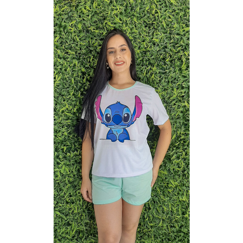 Pijama Feminino Adulto De Calor Animado Desenho Stitch Manga Curta Curto De Verão