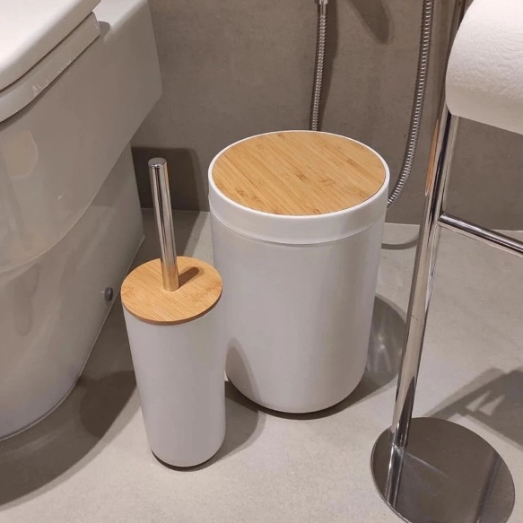 Kit Banheiro Bambu 2 Peças Lixeira Luxo 7 Litros Acessórios de Lavabo com Escova Sanitária