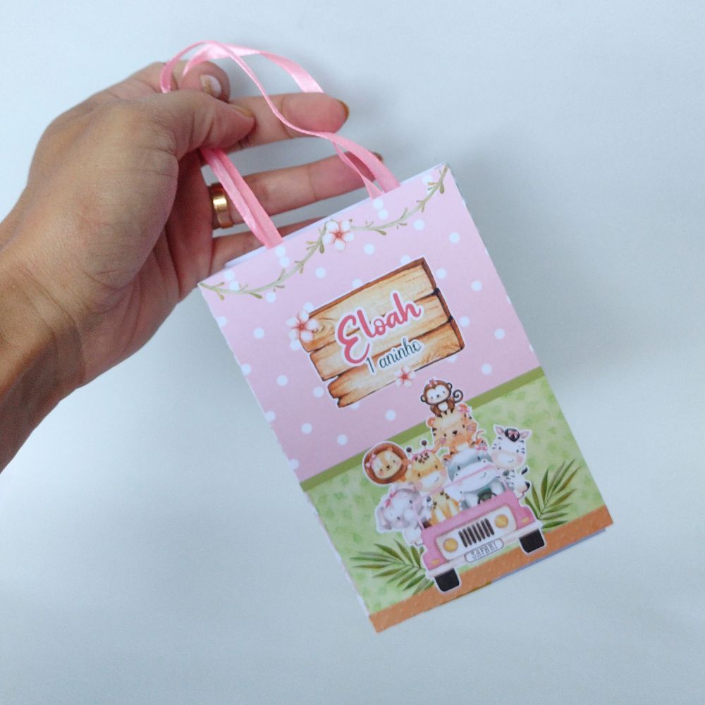 Sacolinha Personalizada Safari Menina para lembrancinha / Tamanho P / Lembrancinha Personalizada / Aniversário Infantil