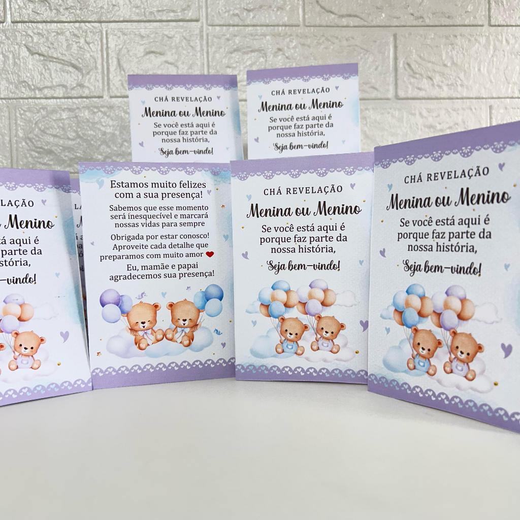 Centro de mesa agradecimento personalizado enfeite plaquinha decoração chá revelação ursinhos azul e lilás chá de bebe