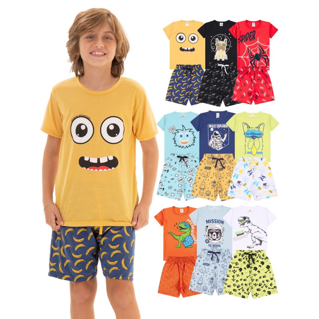 Kit Sortido 2, 6 ou 8 Peças Pijama Infantil Menino Manga Curta Masculino Pijamas Infantil para Meninos Verão Calor em Oferta na Shopee
