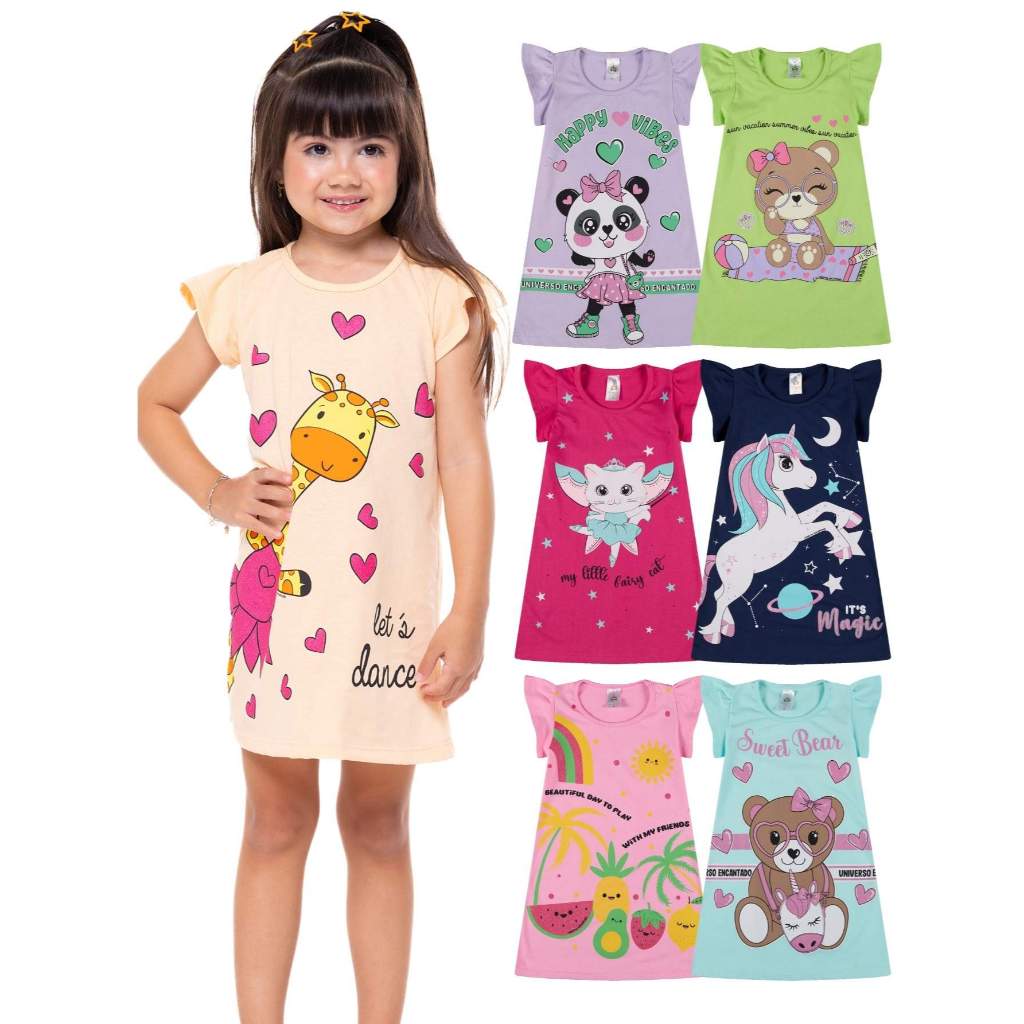 Kit 1, 2 ou 4 Vestido Infantil Menina Verão Estampados 100% Algodão com Mangas Franzidas Estampas Sortidas