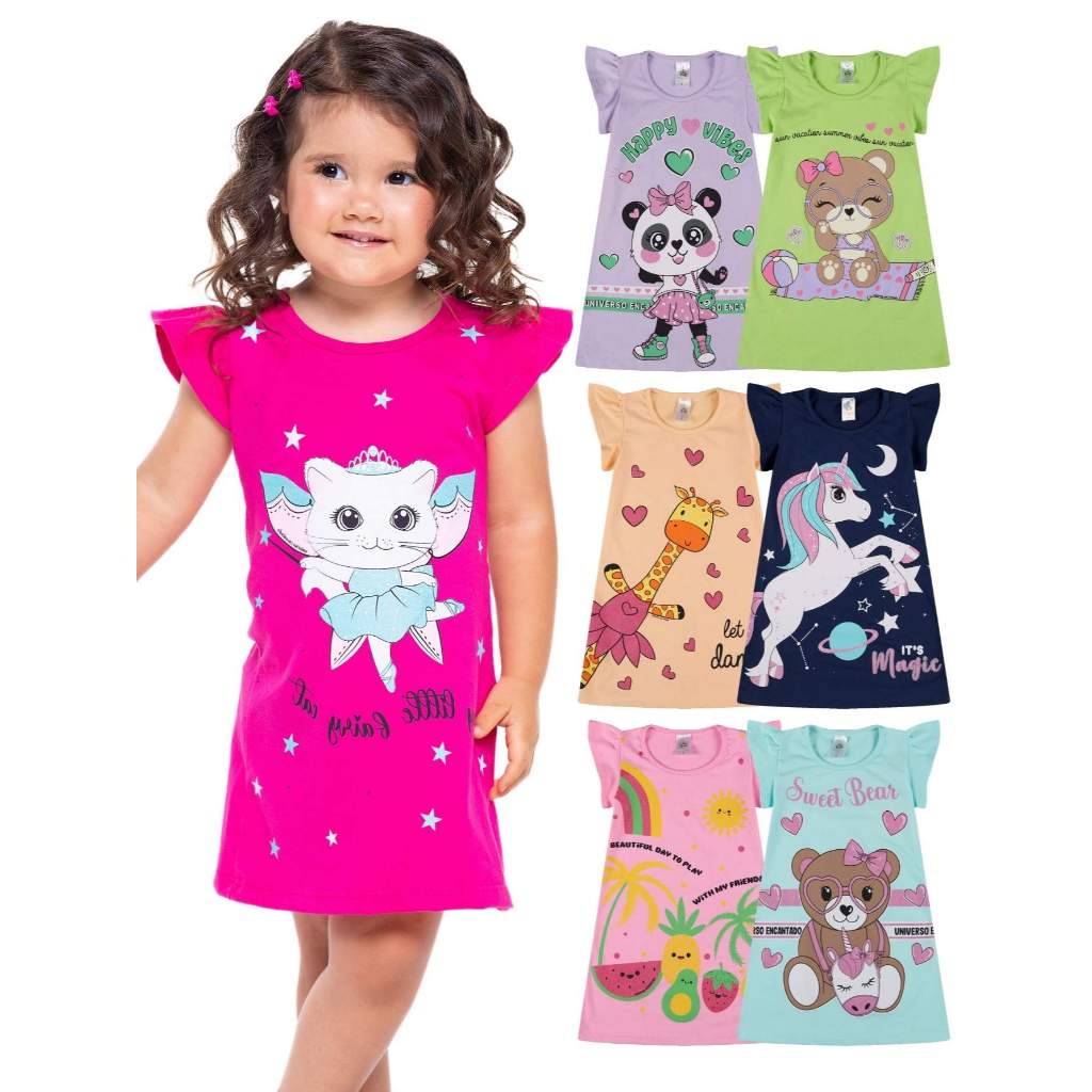 Kit 1, 2 ou 4 Vestido Bebê Menina Verão Estampados 100% Algodão com Mangas Franzidas Infantil Feminino em Oferta na Shopee