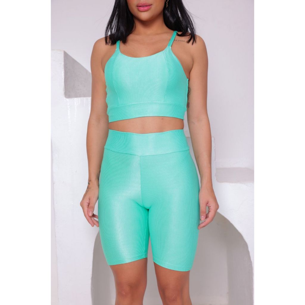 Conjunto Fitness Elegante Top e Short Verde Tiffany Feminino Confortável Tecido Premium