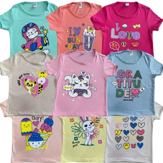 Kit 3 Camisetas Manga Curta Menina Estampado Desenho Infantil Kids Sortidos Verão Feminino Básico em Oferta na Shopee