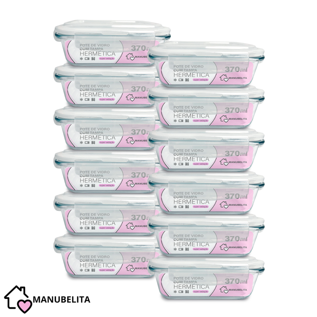 Conjunto 12 Potes de Vidro Marmita Hermético 370ml