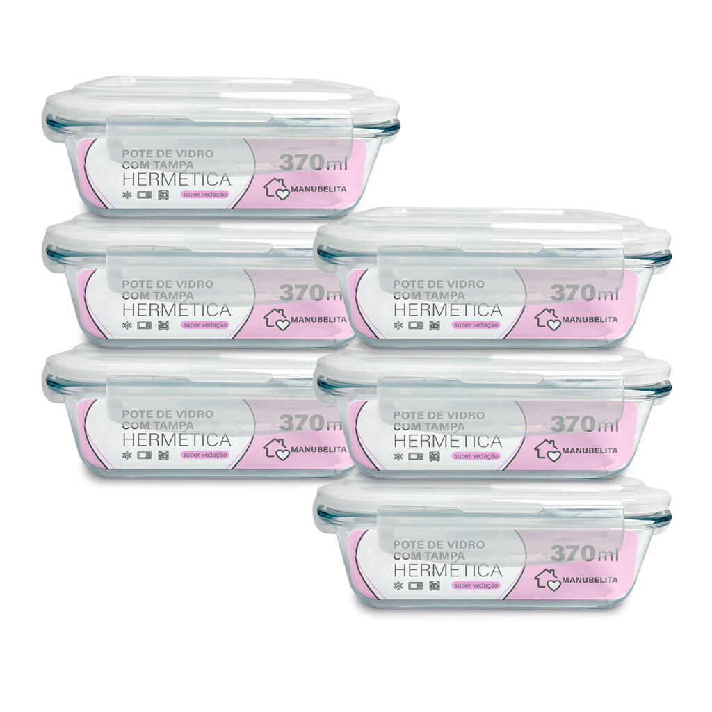 Conjunto 6 Potes de Vidro Hermético Marmita Tampa 4 Travas 370ml em Oferta na Shopee