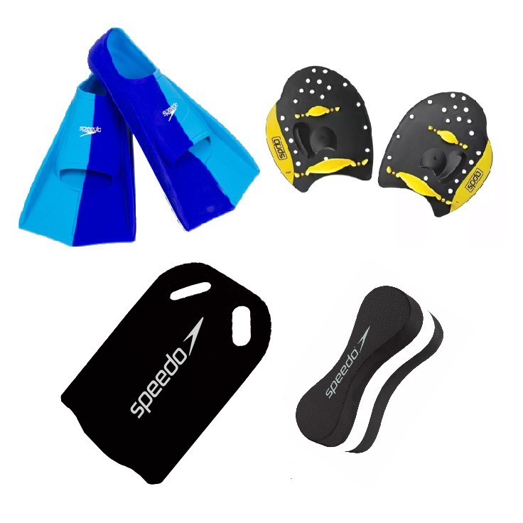 Kit Natação Speedo Nadadeira Dual Swim Fin + Palmar Power Paddles + Prancha e Flutuador Swim