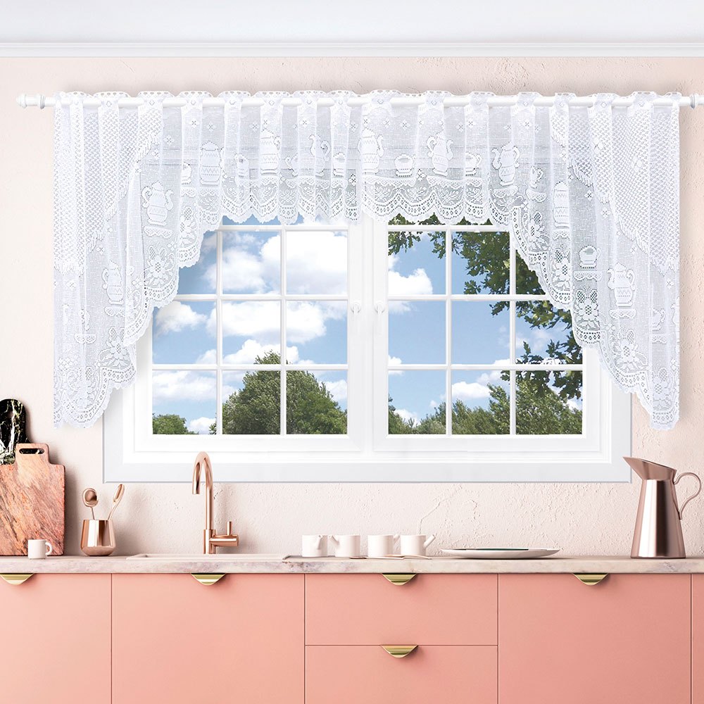 Cortina Bandô Renda Cozinha Sala Capri Bule 3,15 x 1,00 m OU Capri Floral 2,95 x 1,00 Branca / Bege/ Marrom em Oferta na Shopee