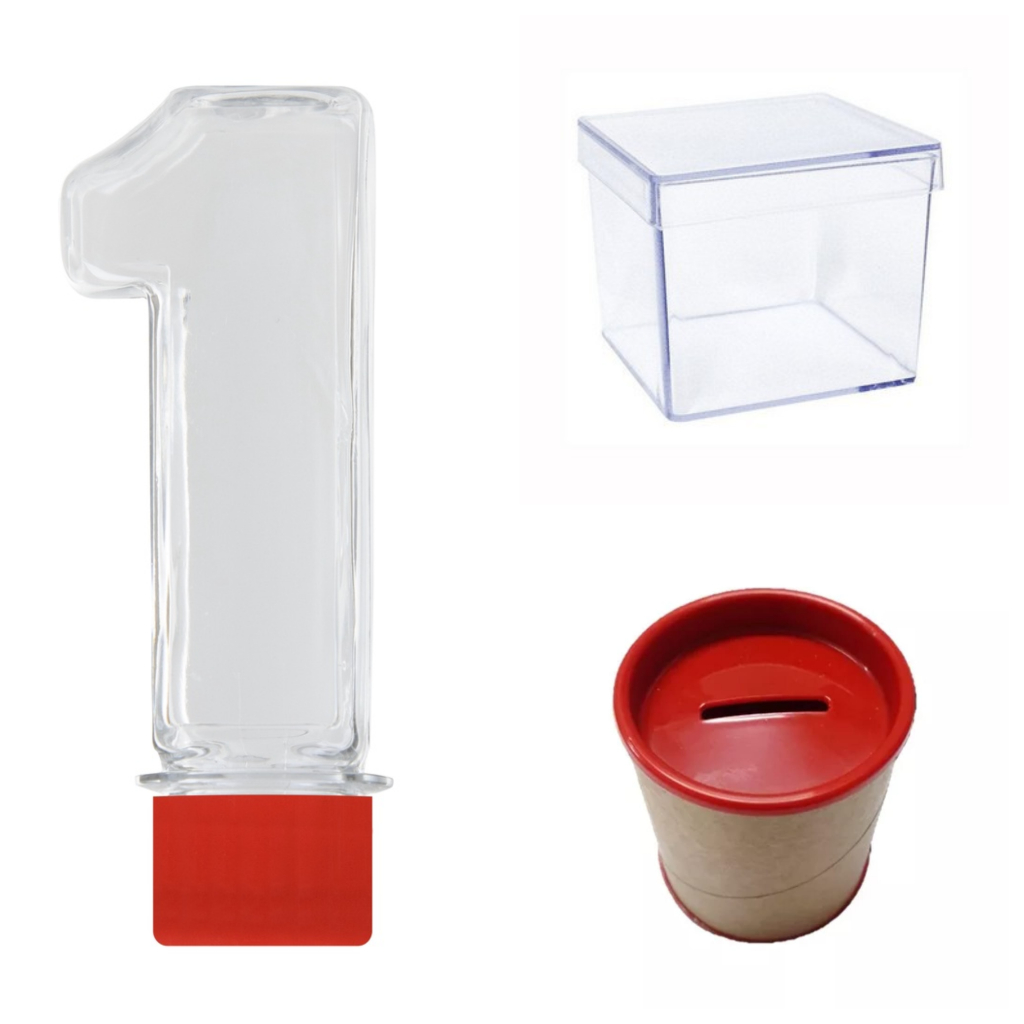Kit Festa 5 Caixinha acrilicas 6x6 + 5 caixinha 5x5 + 10 Tubetes num 1 e 15 Cofrinhos 10x06-  luxos.