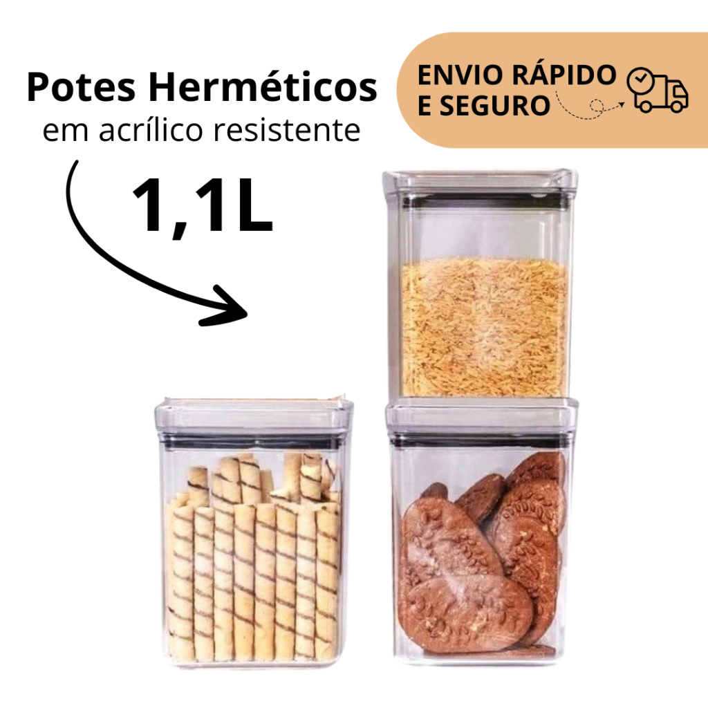KIT POTE HERMÉTICO 1,1L EM ACRÍLICO RESISTENTE EMPILHÁVEL COM BORRACHA DE VEDAÇÃO PRETA