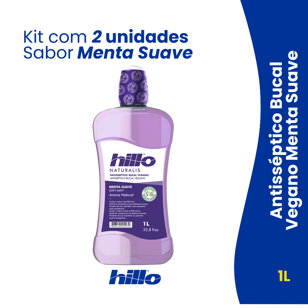 Kit 2 Enxaguante Bucal Vegano Menta Suave 1L Hillo