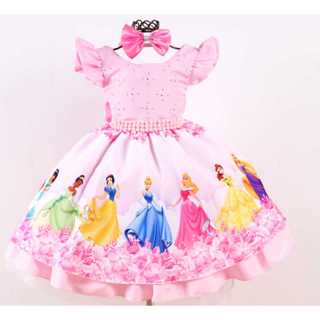 Vestido Temático Aniversário Festa Luxo Tema Princesas Rosa com Tiara. em Oferta na Shopee