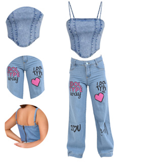 Conjunto Jeans Infantil Cropped e Calça  Fashion Blogueirinha em Oferta na Shopee