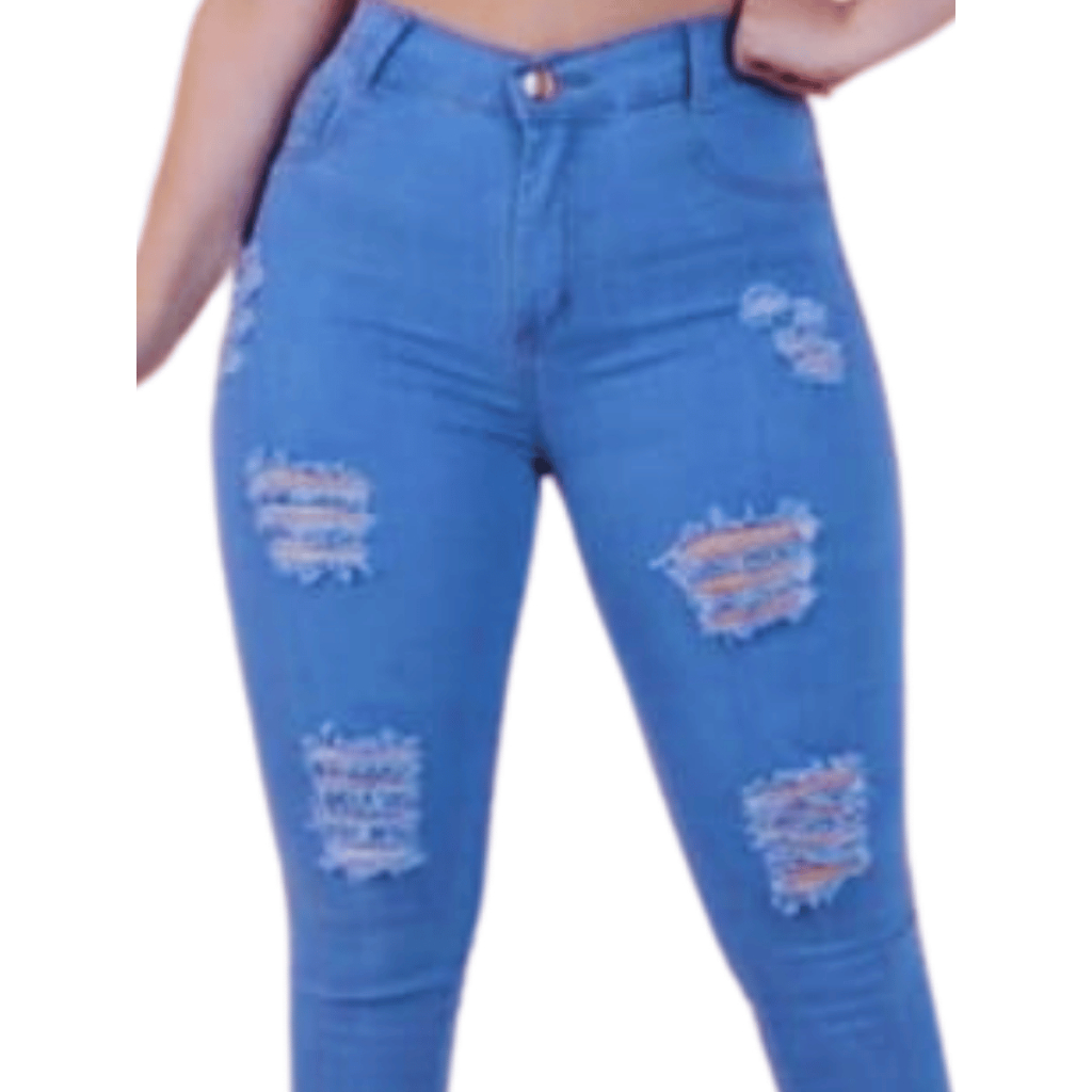 Calça Jeans Feminina Clara Destroyed Cintura Moda Empina Bumbum Alta Com Elastano Bloqueira Top