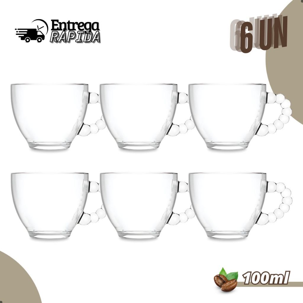 Jogo De Xícaras Em Vidro Transparente Canecas 6 Peças Para Café 100ml Pearl Pérola