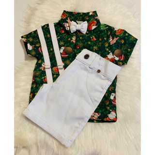 Conjunto Menino Infantil Luxo Natal Camisa verde + Bermuda Branca