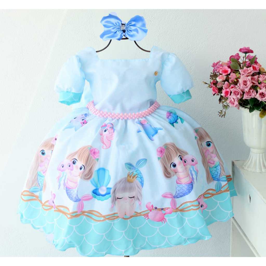 Vestido de Festa Luxo Pequena Sereia Baby com Tiara